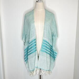 Abrazo Style Poncho Womens Small Aqua Teal Woven Fringed Open Front